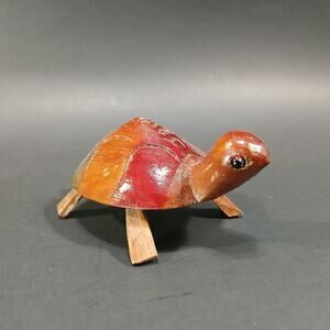 Vintage Handcrafted Wood Carved Jamaica Red and Orange Turtle Souvenir Figurine